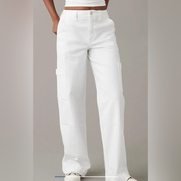 American Eagle Super High Rise Wide Leg Baggy White Cargo Jeans - Picture 2 of 9
